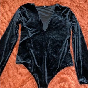 Express Velvety Black Plunge Neck Bodysuit S